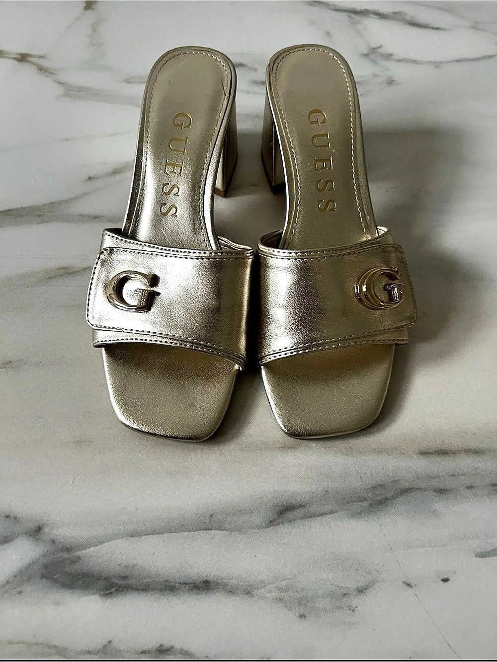 Vintage Guess Metallic Logo Heeled Mules in Gold